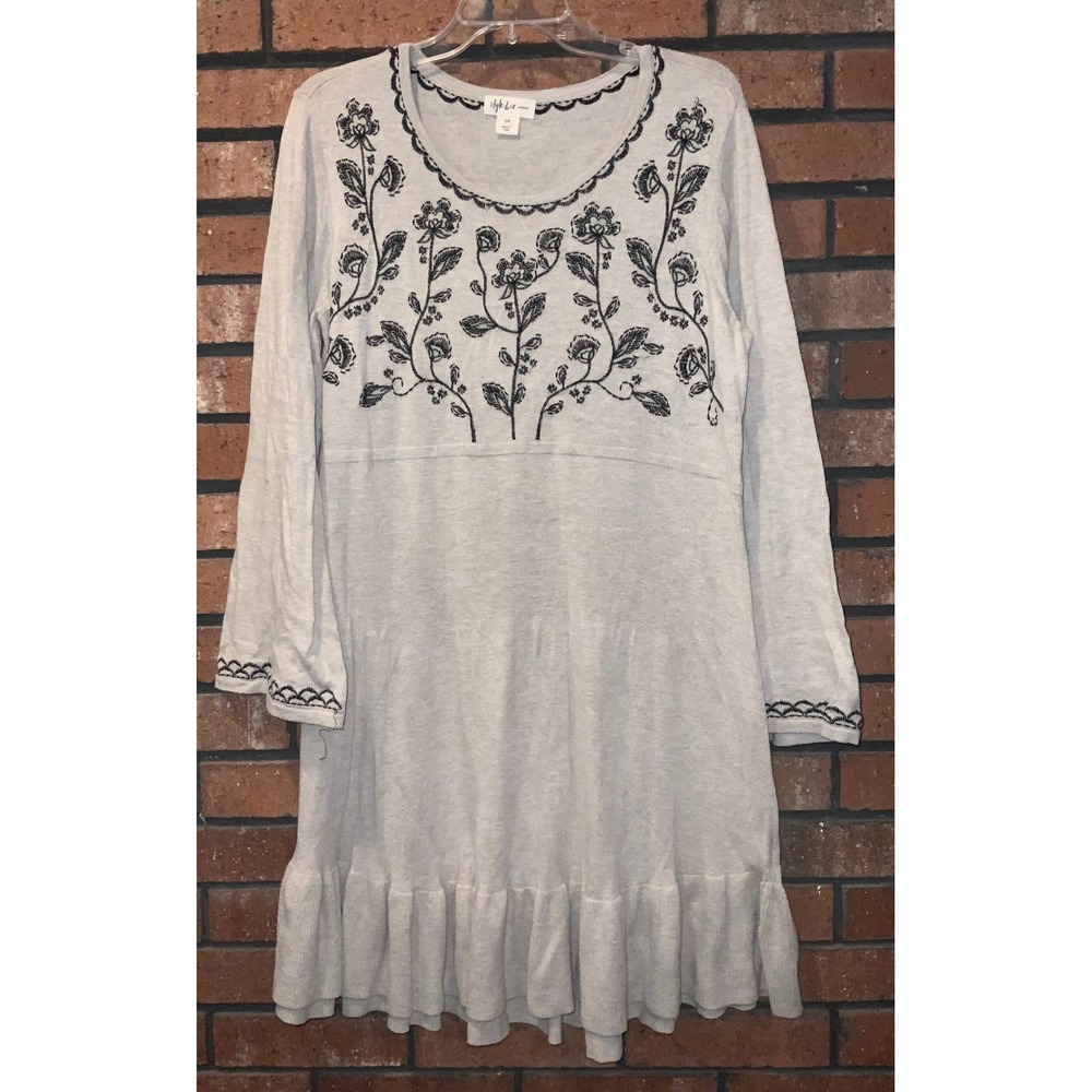 Style & Co Womens Beige Long Sleeve Dress Black Floral Embroidery Size‎ 0X